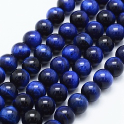 Marine Blue Natural Tiger Eye Beads Strands, Dyed & Heated, Round, Marine Blue, 10mm, Hole: 1mm, about 38pcs/strand, 15 inch(38cm)