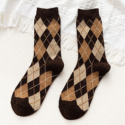 Coconut Brown Wool Knitting Socks, Rhombus Pattern Crew Socks, Winter Warm Thermal Socks, Coconut Brown, 10mm