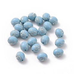 Bleu Ciel Clair Perles acryliques plaquées, métal argenté enlaça, ovale avec des fleurs, lumière bleu ciel, 9.3x7.5mm, Trou: 1.5mm, environ1700 pcs / 500 g