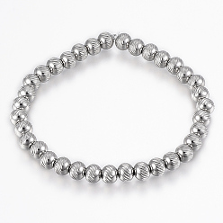 Stainless Steel Color 304 Stainless Steel Beaded Stretch Bracelets, Round, Stainless Steel Color, 2-1/8 inch(55mm)