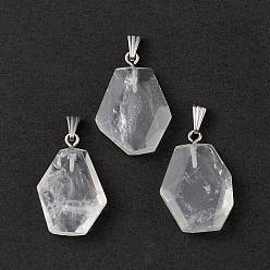 Quartz Crystal Natural Quartz Crystal Pendants, Rock Crystal Pendants, Faceted Polygon Charms, with Stainless Steel Color Plated 201 Stainless Steel Snap on Bails, 21~29x16~23x6~8mm, Hole: 2x7mm