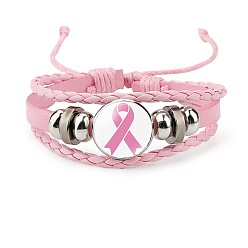 Pink Imitation Leather Triple Layer Multi-strand Bracelet, October Breast Cancer Pink Awareness Ribbon Alloy Glass Links Adjustable Bracelet for Women, Pink, 7-1/8 inch(18cm)