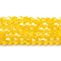 Oro Transparentes cuentas de vidrio electroplate hebras, lustre de la perla chapado, facetados, bicono, oro, 3x2.5 mm, agujero: 0.7 mm, sobre 162~185 unidades / cadena, 12.76~14.61 pulgada (32.4~37.1 cm)