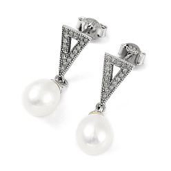 Platine Triangle de zircone cubique avec boucles d'oreilles pendantes en perles naturelles, rhodié 925 boucles d'oreilles en argent sterling pour femmes, platine, 23x7mm