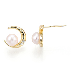 Real 18K Gold Plated Natural Pearl Stud Earrings with Cubic Zirconia, Brass Moon Earrings with 925 Sterling Silver Pins, Real 18K Gold Plated, 11x11mm, Pin: 0.8mm