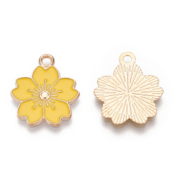 Gold Alloy Enamel Pendants, Sakura Flower, Light Gold, Gold, 20.5x17.5x1.5mm, Hole: 2mm