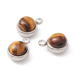 Tiger Eye Natural Tiger Eye Charms, with 304 Stainless Steel Findings, Half Round, Stainless Steel Color, 13.5x10x7.5mm, Hole: 2.5mm