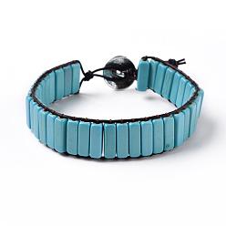 Turquoise Synthétique Bracelet de perles de turquoise synthétiques, avec cordon en cuir de vachette et boutons à tige en alliage, 9-1/4 pouces (23.5cm)x16mm