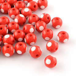 Red Dot Pattern Opaque Acrylic Beads, Round, Red, 16x15mm, Hole: 3mm, about 220pcs/500g