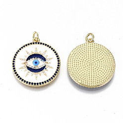Colorful Brass Micro Pave Colorful Cubic Zirconia Pendants, with Jump Rings and Enamel, Nickel Free, Flat Round with Evil Eye, Real 16K Gold Plated, Colorful, 24x21.5x2.5mm, Jump Ring: 5x1mm, 3mm inner diameter