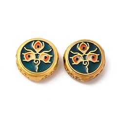 Prussian Blue Alloy Beads, with Enamel, Golden, Flat Round with God of Wealth & Eye, Prussian Blue, 13~13.5x4.5mm, Hole: 2mm