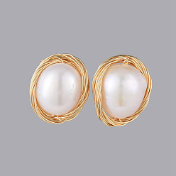 Golden Stud Earrings, with Natural Baroque Pearl Keshi Pearl Beads, Brass Findings and Ear Nuts, Golden, 3x10.5x7.5~8mm, Pin: 0.7mm