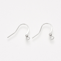 Real Platinum Plated Brass French Earring Hooks, with Horizontal Loop, Flat Earring Hooks Findings, Real Platinum Plated, 17.5x20mm, Hole: 2mm, 20 Gauge, Pin: 0.8mm