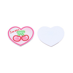 Hot Pink Printed Acrylic Cabochons, Rubberized Style, Heart with Cherry & Word Sweet, Hot Pink, 35x42x2mm