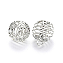 Platine Pendentifs en fil de fer, pendentifs de cage de perle en spirale, ronde, platine, 30x24mm, Trou: 7mm