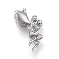 Stainless Steel Color 304 Stainless Steel Pendants, with Rhinestone, Angel/Fairy, Stainless Steel Color, 32x18x10mm, Hole: 4x4.5mm