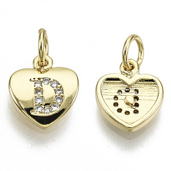 Letter D Brass Micro Pave Clear Cubic Zirconia Charms, with Jump Ring, Heart with Letter, Real 16K Gold Plated, Nickel Free, Letter.D, 10x9x2mm, Jump Ring: 5x1mm, 3mm inner diameter