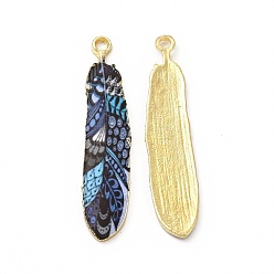 Prussian Blue Rack Plating Alloy Pendants, Printed, Lead Free & Cadmium Free & Nickel Free, Feather Charm, Light Gold, Prussian Blue, 36.5x8x1.5mm, Hole: 1.8mm