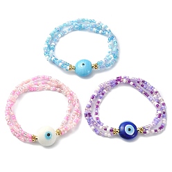 Mixed Color 3Pcs 3 Color Lampword Evil Eye & Glass Seed Beaded Stretch Bracelets Set, Multi-strand Stackable Bracelets, Mixed Color, Inner Diameter: 2 inch(5.2cm), 1Pc/color