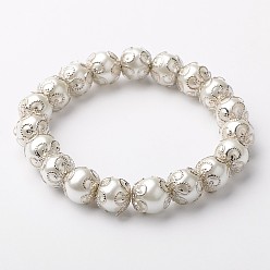 White Glass Pearl Round Bead Stretch Bracelets, with Iron Bead Caps, Antique Silver, White, 53mm