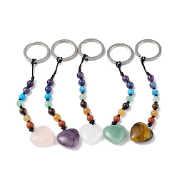 Mixed Stone 7 Chakra Gemstone Beads Keychain, Heart Charm Keychain for Women Men Hanging Car Bag Charms, 13cm