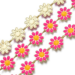 Deep Pink Brass Flower Link Chains, with Enamel, Unwelded, Real 16K Gold Plated, Deep Pink, 13.5~14x9.5~10x1mm