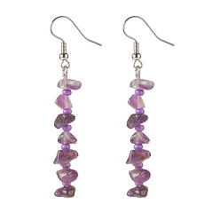 Amethyst Natural Amethyst Chips Dangle Earrings with Glass, Gemstone Beaded Brass Earrings for Women, Platinum, 60~62x19mm, Pin: 0.6mm