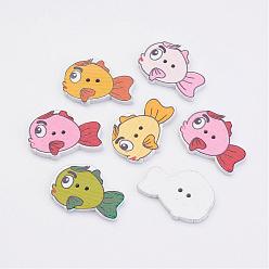 Mixed Color Wooden Buttons, 2-Hole, Fish, Mixed Color, 19.5x28x3mm, Hole: 1.5mm