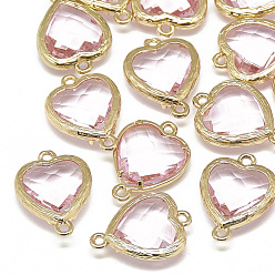 Pink Conectores de enlaces de vidrio, con fornituras de latón de tono de oro, facetados, corazón, rosa, 15x10x3 mm, agujero: 1 mm