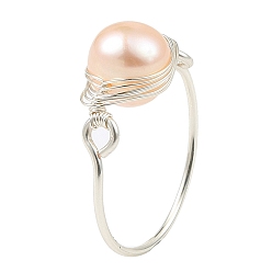 Pink Кольцо на палец с плетеной бусиной из натурального жемчуга, Женское серебряное кольцо из медной проволоки, розовые, внутренний диаметр: 18.8 мм