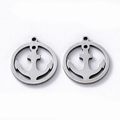 Stainless Steel Color 304 Stainless Steel Pendants, Laser Cut, Round Ring with Anchor, Stainless Steel Color, 16x14x1mm, Hole: 1.2mm