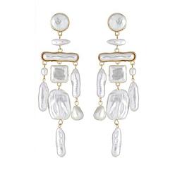 WhiteSmoke ABS Imitating Baroque Pearl Geometry Chandelier Earrings, Golden Alloy Long Tassel Earrings, WhiteSmoke, 114.5x29.5mm, Pin: 0.65mm