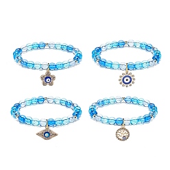 Bleu Dodger 4 pcs 4 ensemble de bracelets extensibles en perles rondes en acrylique de style, fleur et soleil et mauvais œil alliage émail charmes bracelets empilables pour les femmes, Dodger bleu, charme: 13~19x13.5~21mm, diamètre intérieur: 2-1/4 pouce (5.7 cm), 1 pc / style