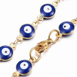 Blue 304 Stainless Steel Jewelry Sets, Link Bracelets & Necklaces, with Enamel, Evil Eye, Blue, 19.68 inch(50cm), 7-7/8 inch(200mm)