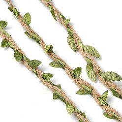 Green Cloth Leaf Trim Ribbon, with Hemp Cords, for Arts Crafts DIY Decoration Gift Wrapping, Green, 25x1mm, 10m/Roll