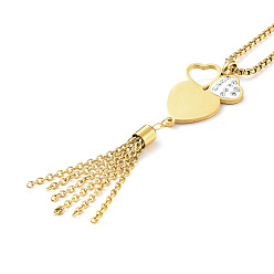 Oro Corazón de diamantes de imitación de cristal con collar colgante de borla con cadenas de caja, chapado de iones (ip) 304 joyas de acero inoxidable para mujer, dorado, 23.62 pulgada (60 cm)