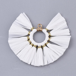 White Natural Raffia Tassel Pendants, with Alloy Ring Findings, Fan-shaped, Light Gold, White, 50~53x54~56x3mm, Hole: 2mm