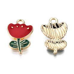Red Eco-Friendly Zinc Alloy  Pendants, with Enamel, Flower, Cadmium Free & Nickel Free & Lead Free, Golden, Red, 19x12x2.5mm, Hole: 2mm
