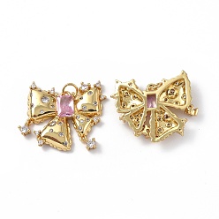 Pink Micro cuivres ouvrent pendentifs zircone cubique, réel 18 k plaqué or, avec anneau de saut, charmes bowknot, rose, 22.5x24.5x4mm, Trou: 3.6mm