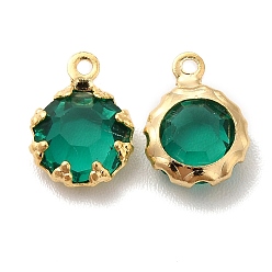 Dark Green Eco-Friendly Glass Charms, with Brass Findings, Long-Lasting Plated, Cadmium Free & Lead Free, Flat Round, Real 24K Gold Plated, Dark Green, 9x6.5x3mm, Hole: 1mm