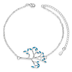 Sky Blue SHEGRACE Brass Link Anklets, with Epoxy Resin and Cable Chains, Tree, Platinum, Sky Blue, 8-1/4 inch(21cm)