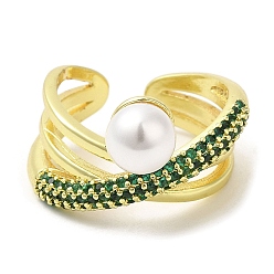 Зеленый Открытое кольцо-манжета с кубическим цирконием и пластиковыми жемчужными бусинами, золотые латунные кольца, зелёные, внутренний диаметр: 17 мм