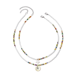 Mixed Color 2Pcs 2 Style Natural Shell Star Pendant Necklaces Set, Glass Seed Beaded Stackable Necklaces for Women, Mixed Color, 15.12~17.56 inch(38.2~44.6cm), 1Pc/style