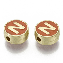 Letter N Alloy Enamel Beads, Cadmium Free & Nickel Free & Lead Free, Flat Round with Initial Letters, Light Gold, Letter.N, 8x4mm, Hole: 1.5mm
