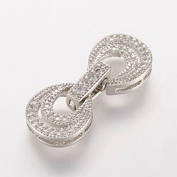 Platinum Brass Micro Pave Cubic Zirconia Fold Over Clasps, Oval, Platinum, 26x11x3.5mm, Hole: 0.5mm