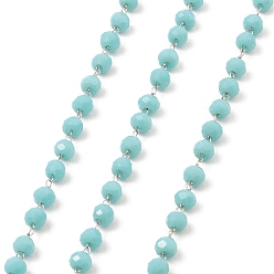Turquoise Glass Round Beaded Chain, with 304 Stainless Steel Findings, Unwelded, with Spool, Turquoise, 3.5x3mm, about 5m/Roll
