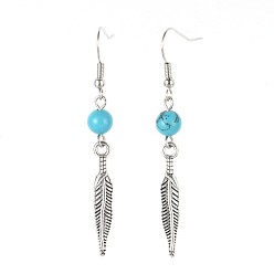Synthetic Turquoise Feather Alloy Synthetic Turquoise Dangle Earrings, with Brass Earring Hooks, 55mm, Pin: 0.7mm