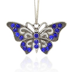 Sapphire Vintage Butterfly Pendant Necklace Findings, Alloy Rhinestone Pendants, Antique Silver, Sapphire, 37x67x7mm, Hole: 4mm