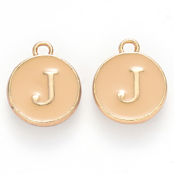 Letter J Golden Plated Alloy Enamel Charms, Cadmium Free & Lead Free, Enamelled Sequins, Flat Round with Letter, Wheat, Letter.J, 14x12x2mm, Hole: 1.5mm
