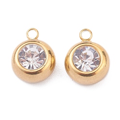 Crystal 201 Stainless Steel Rhinestone Charms, Birthstone Charms, Flat Round, Golden, Crystal, 13x10x6mm, Hole: 1.8mm